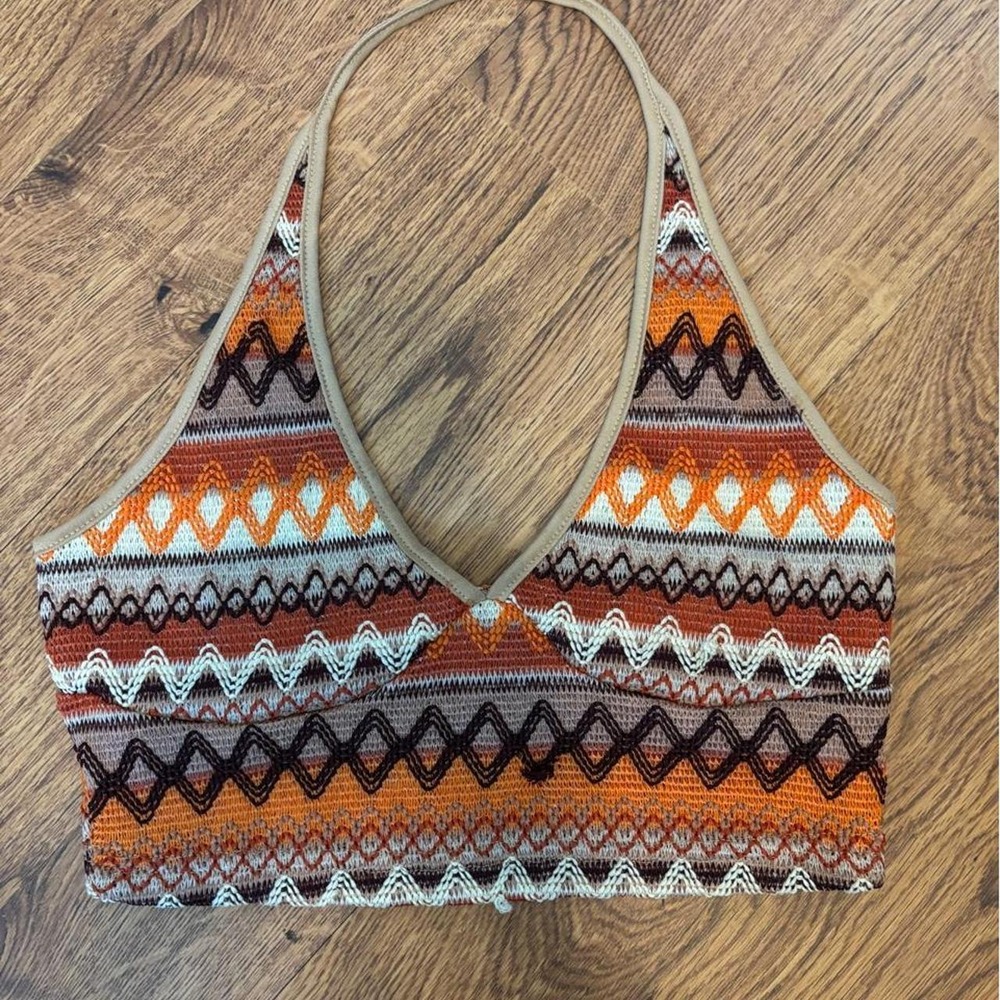 Boho Geometric Knit Halter Top Orange Brown Chevron Cropped Festival Tank Small